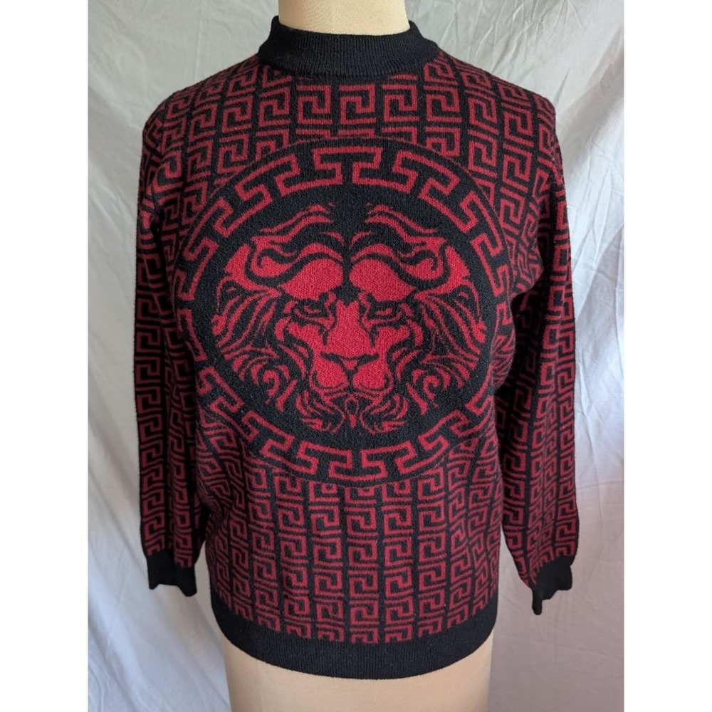 Pavini Sweater Red Black Lion Greek Key Graphic Knit Top Mens Sz M